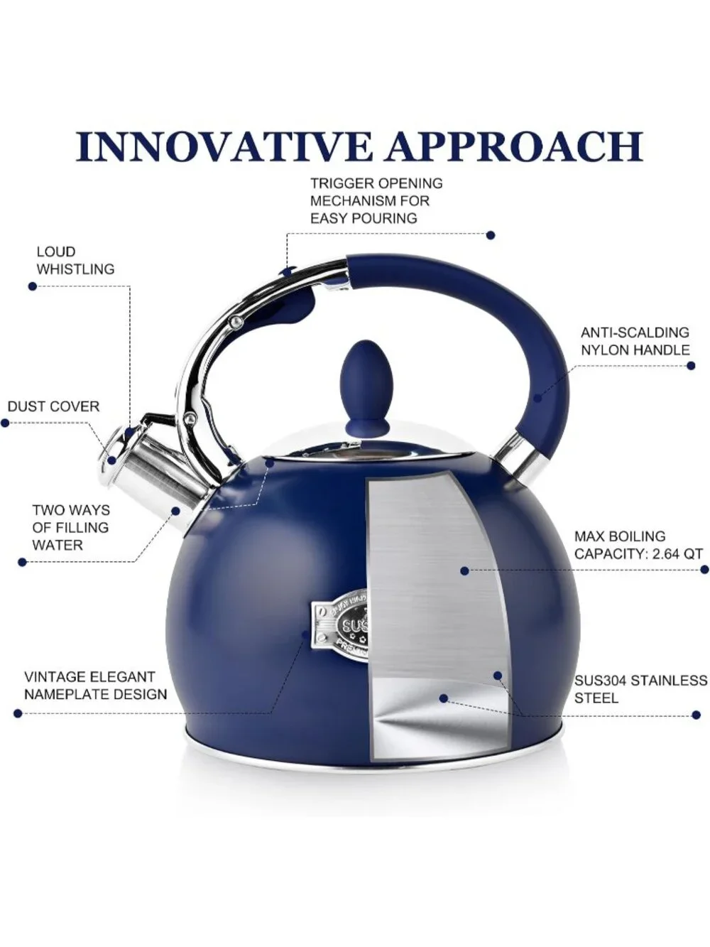SUSTEAS Kitchen Whistling Tea Kettle 2.64QT Stainless Steel Stove Top Navy Blue